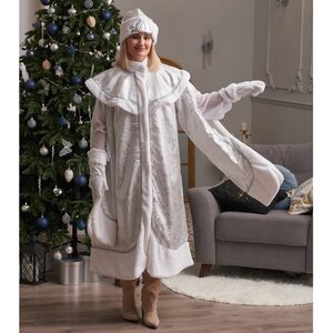 Взрослый новогодний костюм Снегурочка Боярская, 44-48 размер, серебряный
