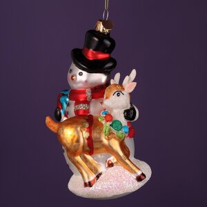 Стеклянная елочная игрушка Снеговик Дин с Олененком 14 см, подвеска Winter Deco фото 2