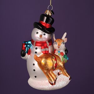 Стеклянная елочная игрушка Снеговик Дин с Олененком 14 см, подвеска
