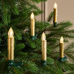 Свечи на елку Acogedora Noche 11 см золотые, 10 шт, теплые белые LED лампы, на клипсе, пульт управления, таймер, на батарейках, IP20