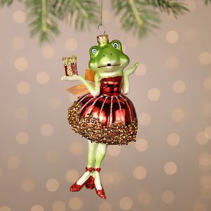 Стеклянная елочная игрушка Леди Квакша с подарком 15 см, подвеска