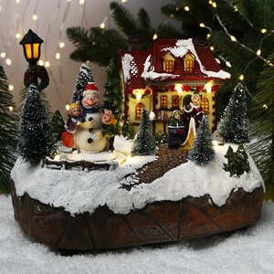 Новогодняя композиция Снеговик и дети в канун Рождества 19*13 см с LED подсветкой и движением, батарейки Kaemingk фото 2