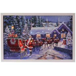 Светодиодная картина Санта с праздничной упряжкой 58*38 см с оптоволоконной и LED подсветкой, на батарейках