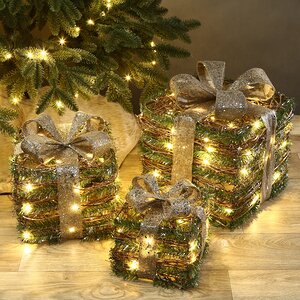 Светящиеся подарки под елку Happy Greenely 15-30 см, 3 шт, 40 теплых белых LED ламп, на батарейка, IP20