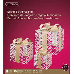 Светящиеся подарки под елку Golden bows 3 шт, 90 теплых белых LED ламп, таймер, на батарейках, IP20 Kaemingk фото 3