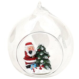 Шар с композицией Лесная сказка - Санта с подарком у нарядной ёлочки 9 см, стекло, подвеска Sigro фото 1