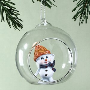 Шар с композицией Снеговичок Билли в оранжевой шапочке 9 см, стекло, подвеска Sigro фото 1