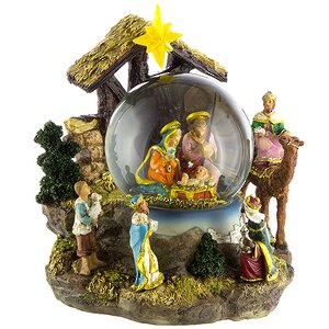 Рождественский вертеп - снежный шар Поклонение младенцу Иисусу 20 см с подсветкой и музыкой, на батарейках уцененный