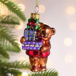 Елочная игрушка Мишка с подарками 9 см, стекло