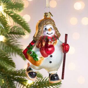 Елочная игрушка Снеговик Денни с мешком подарков 12 см в подарочной коробке, стекло
