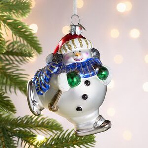 Елочная игрушка Снеговик на коньках 11 см в подарочной коробке, стекло