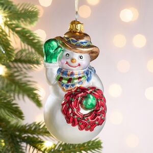 Елочная игрушка Снеговик Дорни в шляпке 12 см в подарочной коробке, стекло