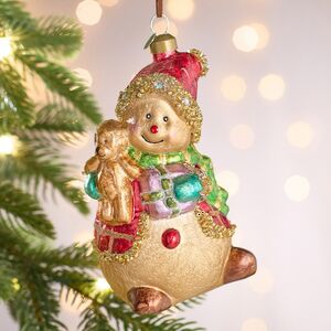 Елочная игрушка Снеговик Харри с мишкой 13 см в подарочной коробке, стекло