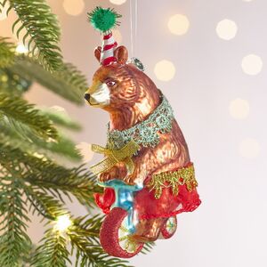 Елочная игрушка Медведь - Циркач на велосипеде 14 см, стекло