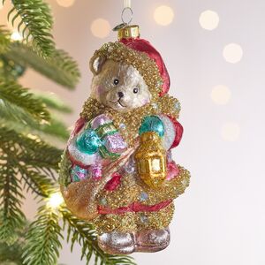 Елочная игрушка Мишка Байли с фонариком 14 см, стекло 