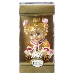 Стеклянная елочная игрушка Девочка с тортиком в золотом 6 см, подвеска Irena Co фото 2