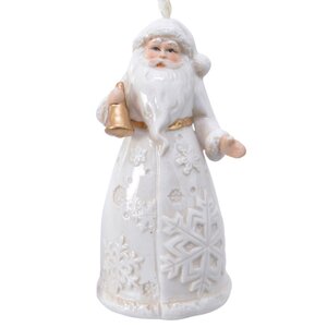 Фарфоровая елочная игрушка Санта в белоснежном кафтане с колокольчиком 10 см, подвеска Kaemingk фото 1
