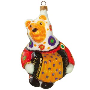 Стеклянная елочная игрушка Мишка с гармошкой - Веселый переполох 13 см, подвеска Фабрика Ариель фото 1