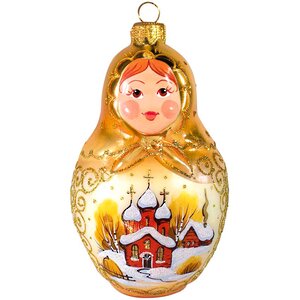 Стеклянная елочная игрушка Матрешка - Золотой звон 11 см, подвеска Фабрика Ариель фото 1