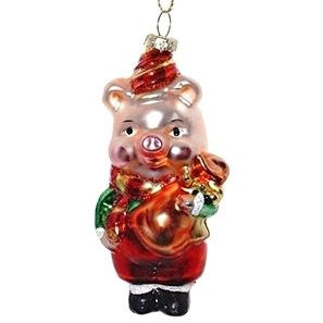 Стеклянная елочная игрушка Поросенок с подарками в красном 10 см Снегурочка фото 1
