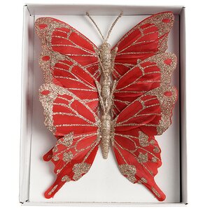 Елочная игрушка Бабочка Блестящая 12*10 см красная 3 шт, на проволоке Kaemingk (Кейминг) фото 1