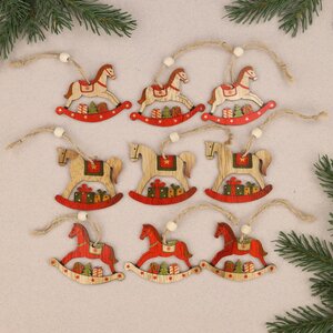 Набор деревянных елочных игрушек Бристольская Лошадка-Качалка 7 см, 9 шт, подвеска Breitner фото 2