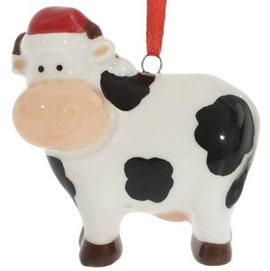 Елочная игрушка Корова Эвелин 6 см в рождественском колпаке, подвеска Снегурочка фото 1
