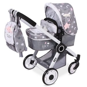 Коляска-трансформер для куклы Скай 3 в 1 с рюкзаком 70 см серо-розовая Decuevas Toys фото 1