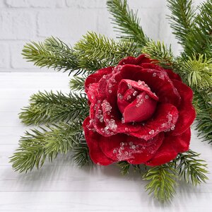 Роза Selvaggio заснеженная 18 см красная, клипса Christmas Deluxe фото 2