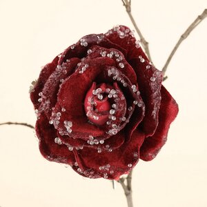 Роза Selvaggio заснеженная 18 см бордовая клипса