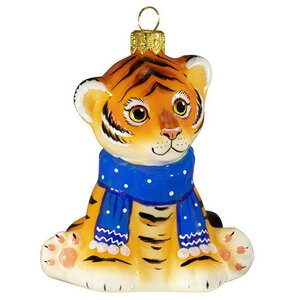 Стеклянная елочная игрушка Тигренок в синем шарфике 9 см, подвеска