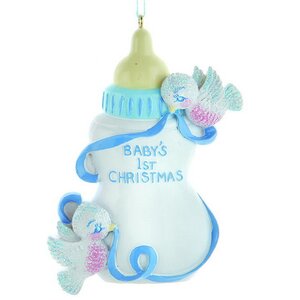 Именная елочная игрушка Baby Christmas: Бутылочка 10 см голубая, подвеска Kurts Adler фото 1