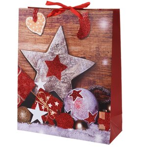 Подарочный пакет Новогодний Кантри: Звезды и шарики 32*26 см