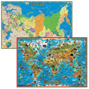 Двусторонняя карта Россия и Животный Мир 58*41 см