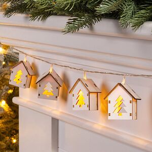 Светодиодная гирлянда Домики Фарелл - Елочки 1.7 м, 10 теплых белых LED ламп, на батарейках, прозрачный ПВХ, IP20