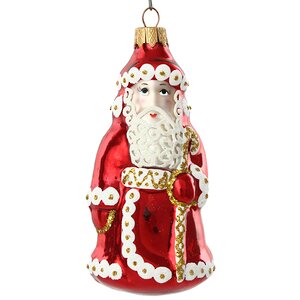 Стеклянная ёлочная игрушка Дед Мороз - Волшебник в красной шубке 12 см, подвеска