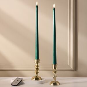 Столовая светодиодная свеча с имитацией пламени Romance 38 см темно-зеленая, 2 шт с пультом, таймер, на батарейках