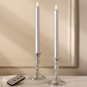 Столовая светодиодная свеча с имитацией пламени Sunrise 25 см серебряная, 2 шт с пультом, таймер, на батарейках