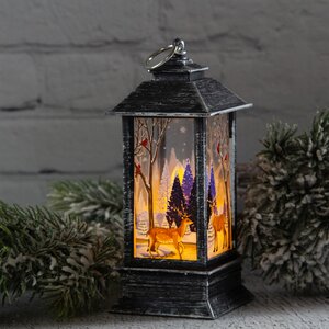 Новогодний фонарик со свечой Сказки зимнего Леса 13 см винтажно-серебряный