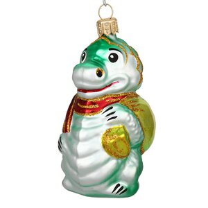 Стеклянная елочная игрушка Зодиак - Дракон с мешком подарков 8 см зеленый
