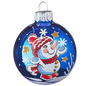 Стеклянный елочный шар Снеговичок 6 см, синий