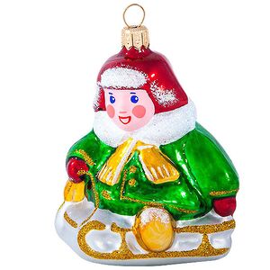 Стеклянная елочная игрушка Мальчик на Санках 8 см, подвеска