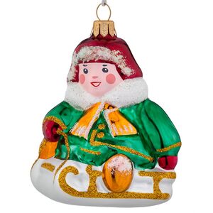 Стеклянная елочная игрушка Мальчик на Санках 8 см