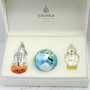 Набор стеклянных елочных игрушек Космический, 3 шт, золотой, подвеска