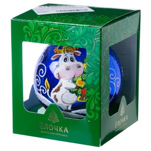 Стеклянный елочный шар Зодиак - Бычок с елочкой 8 см синий Фабрика Елочка фото 2