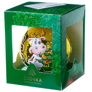 Стеклянный елочный шар Зодиак - Бычок с елочкой 8 см золотой Фабрика Елочка фото 2