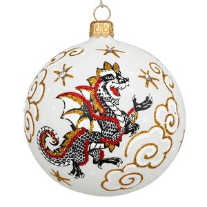 Стеклянный елочный шар Зодиак - Дракон со звездочкой 8 см белый