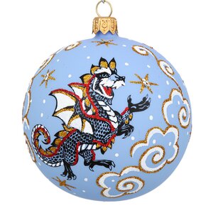 Стеклянный елочный шар Зодиак - Дракон со звездочкой 8 см голубой
