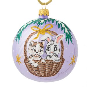 Стеклянный елочный шар Зодиак - Кот и Кролик в корзинке 85 мм сиреневый