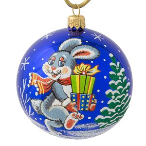 Стеклянный елочный шар Зодиак - Кролик с подарками 8 см синий
